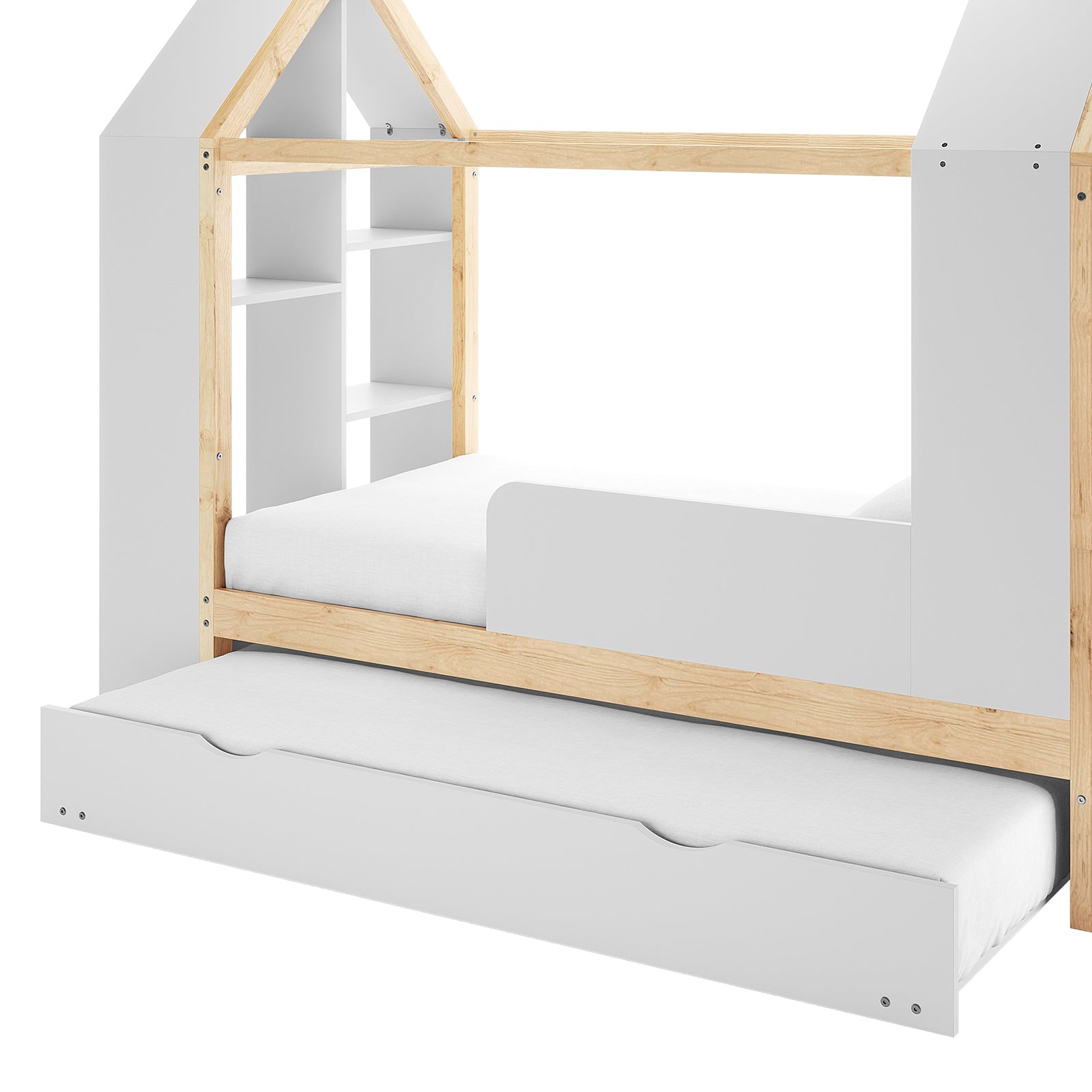 Halden Kids Cubby Bed Storage & Trundle in White & Natural, featuring a house-shaped bunk bed with guardrails, built-in shelving, and a pull-out trundle, ideal for children's rooms with limited space.