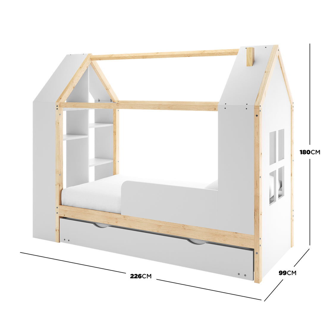 Halden Kids Cubby Bed Storage & Trundle in White & Natural features a house-shaped frame with a pitched roof, built-in shelving, side guard, cut-out windows, and a full-width pull-out drawer underneath.