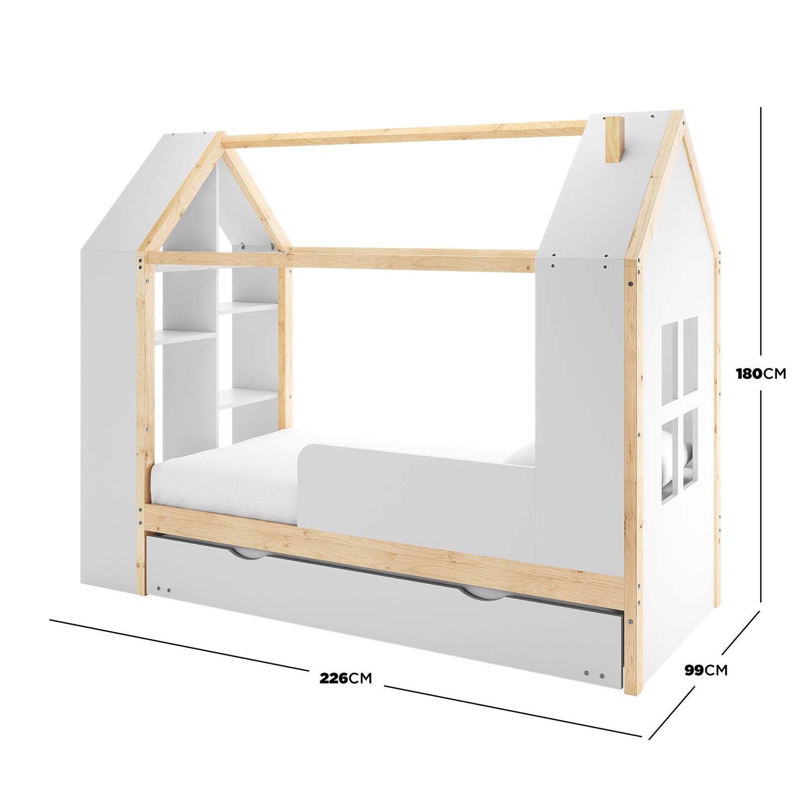 Halden Kids Cubby Bed Storage & Trundle in White & Natural features a house-shaped frame with a pitched roof, built-in shelving, side guard, cut-out windows, and a full-width pull-out drawer underneath.