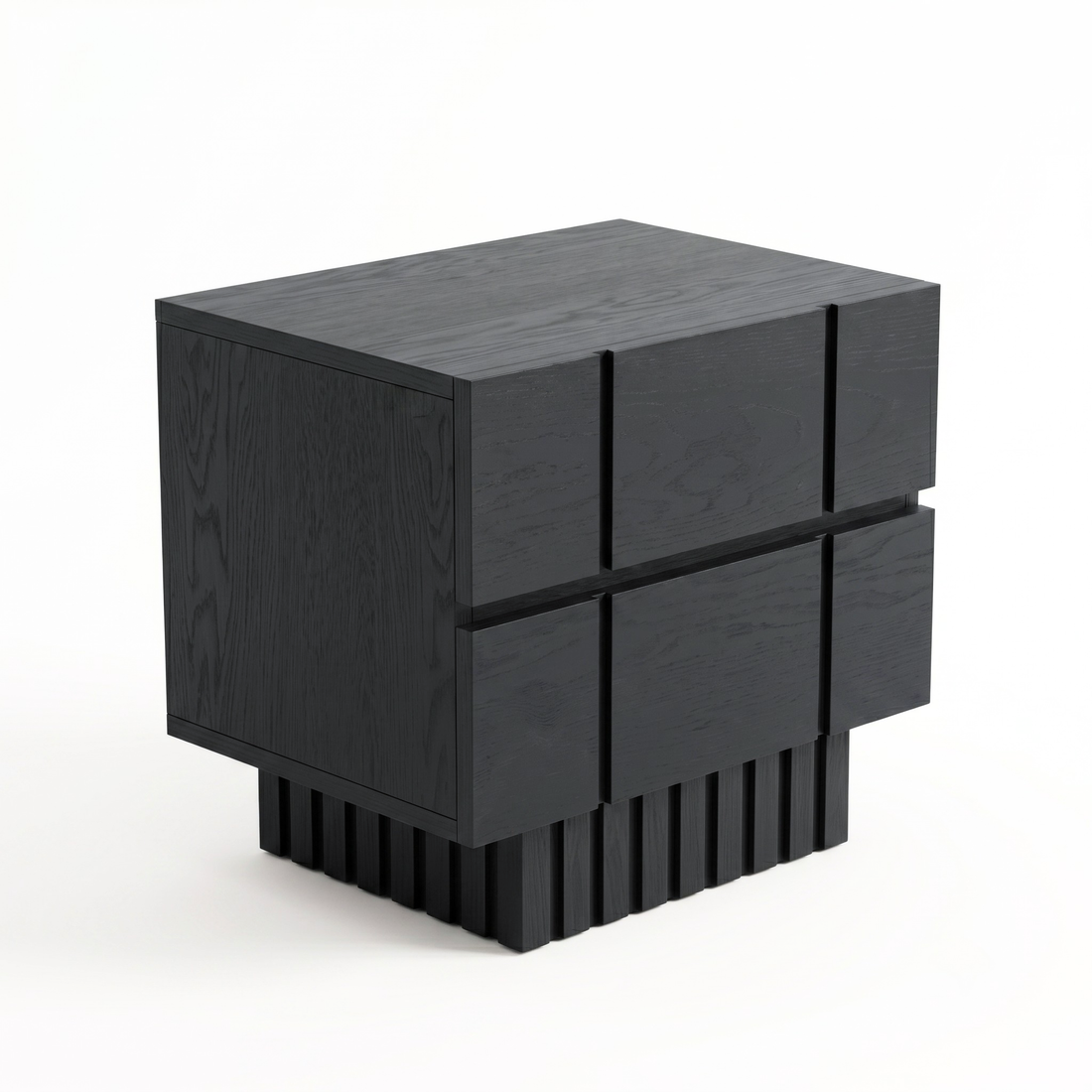 Modern black nightstand shown in full on a white background