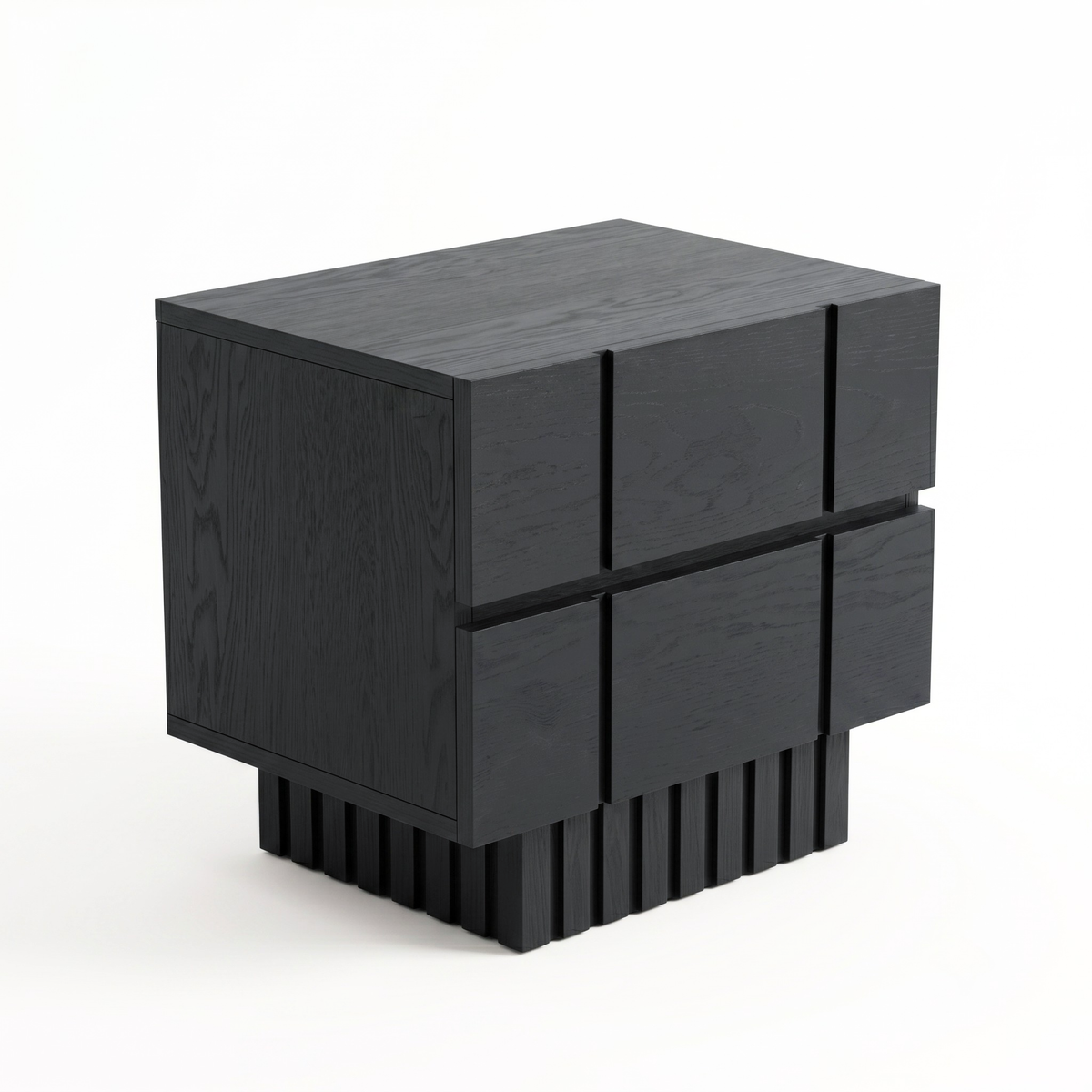 Modern black nightstand shown in full on a white background