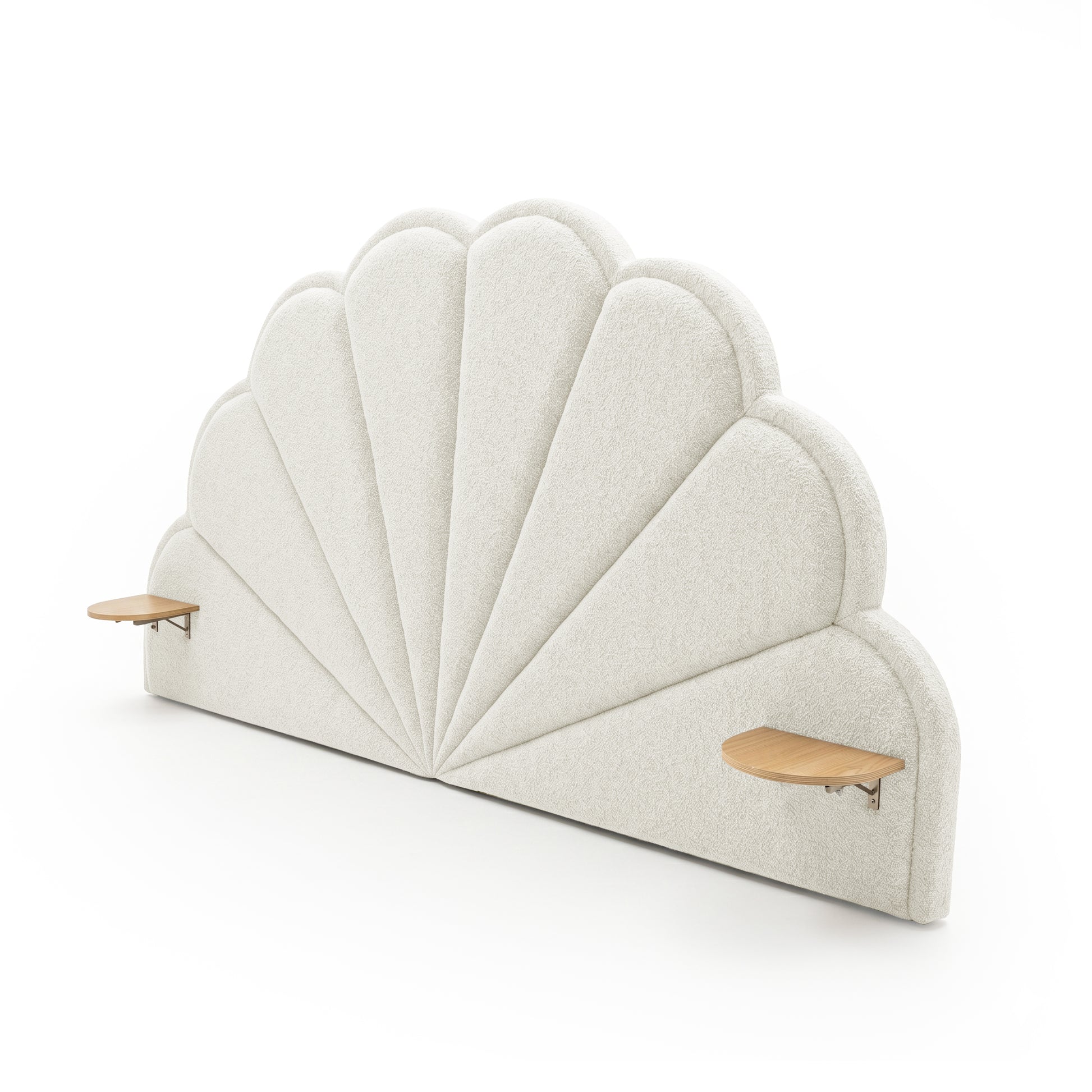 Scalloped scallop-shaped upholstered headboard with side shelves on white background