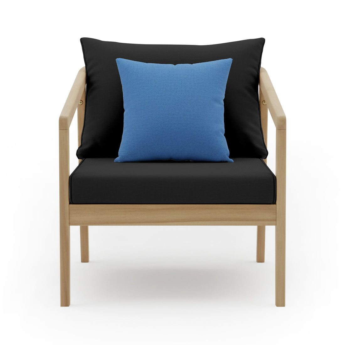 Delva 4 Seater Hardwood Acacia Outdoor Sofa Set in Black, featuring a light-wood frame armchair with black cushions and a blue throw pillow, set against a simple white background.