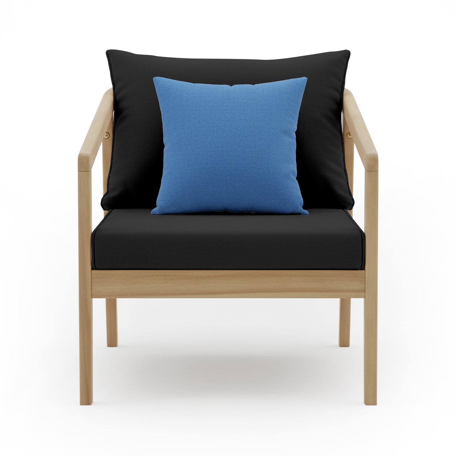 Delva 4 Seater Hardwood Acacia Outdoor Sofa Set in Black, featuring a light-wood frame armchair with black cushions and a blue throw pillow, set against a simple white background.