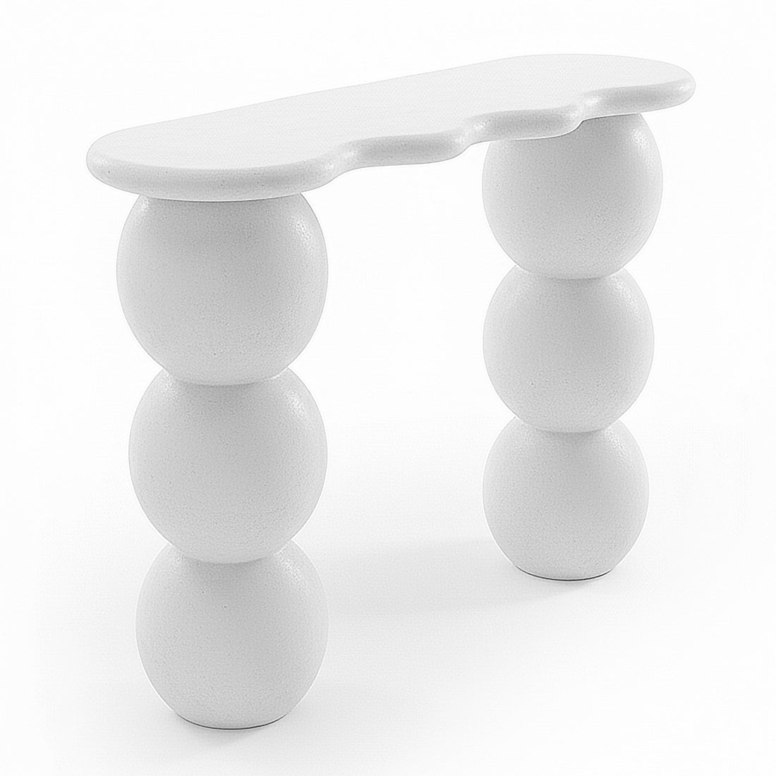 White console table with organic wavy edge and stacked sphere legs on white background