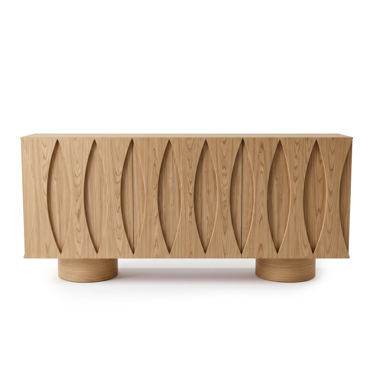 Wooden sideboard with oval carved front pattern on a white background