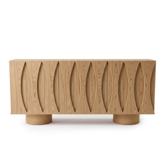 Wooden sideboard with oval carved front pattern on a white background