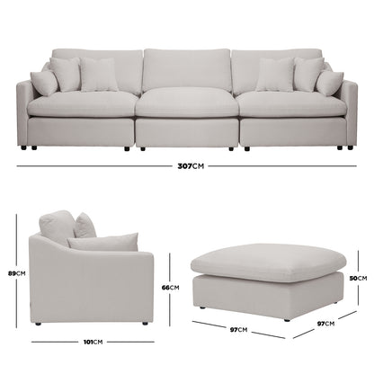Light beige modular sofa set with ottoman and dimensions displayed on a white background