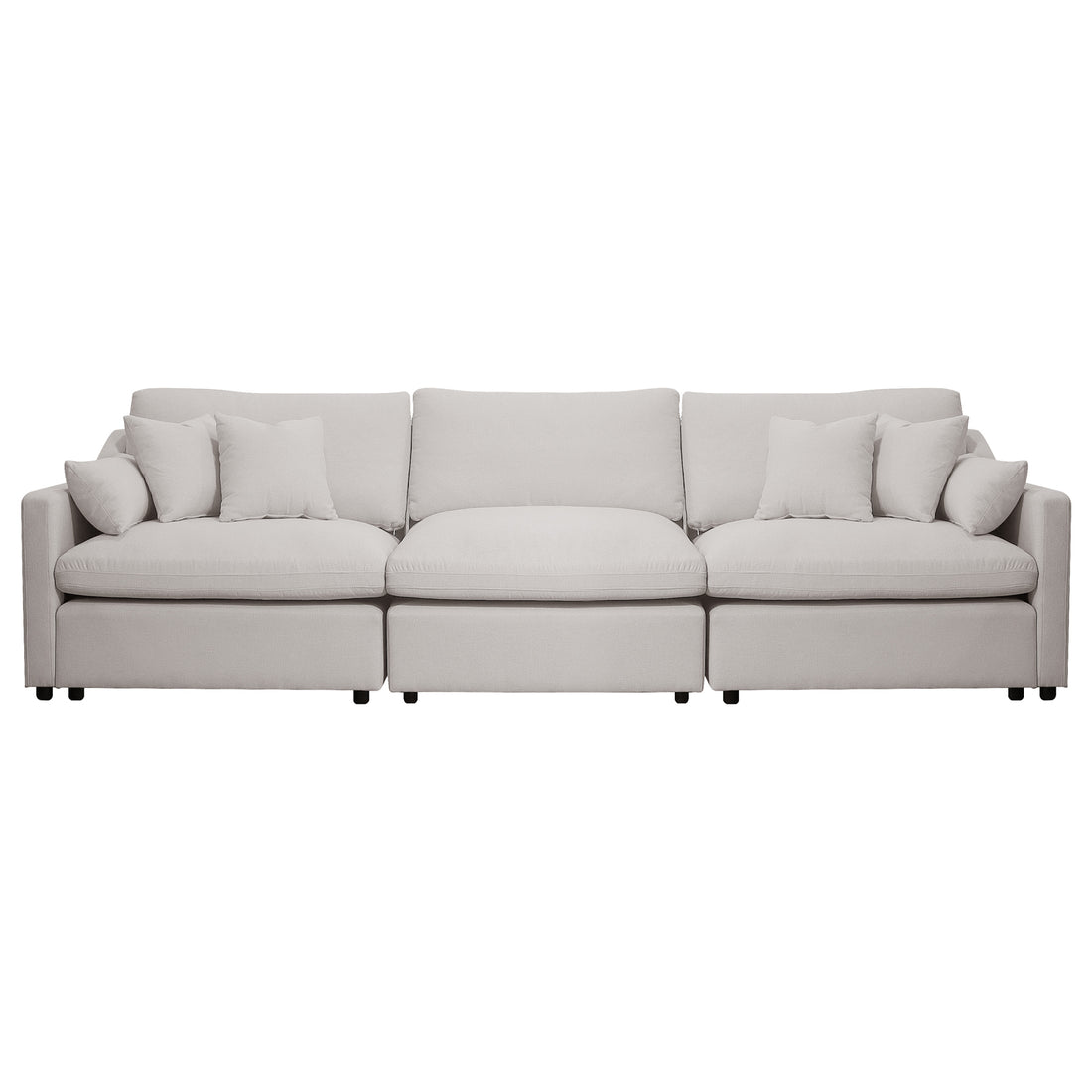 Light beige three-seat sofa with throw pillows on a white background
