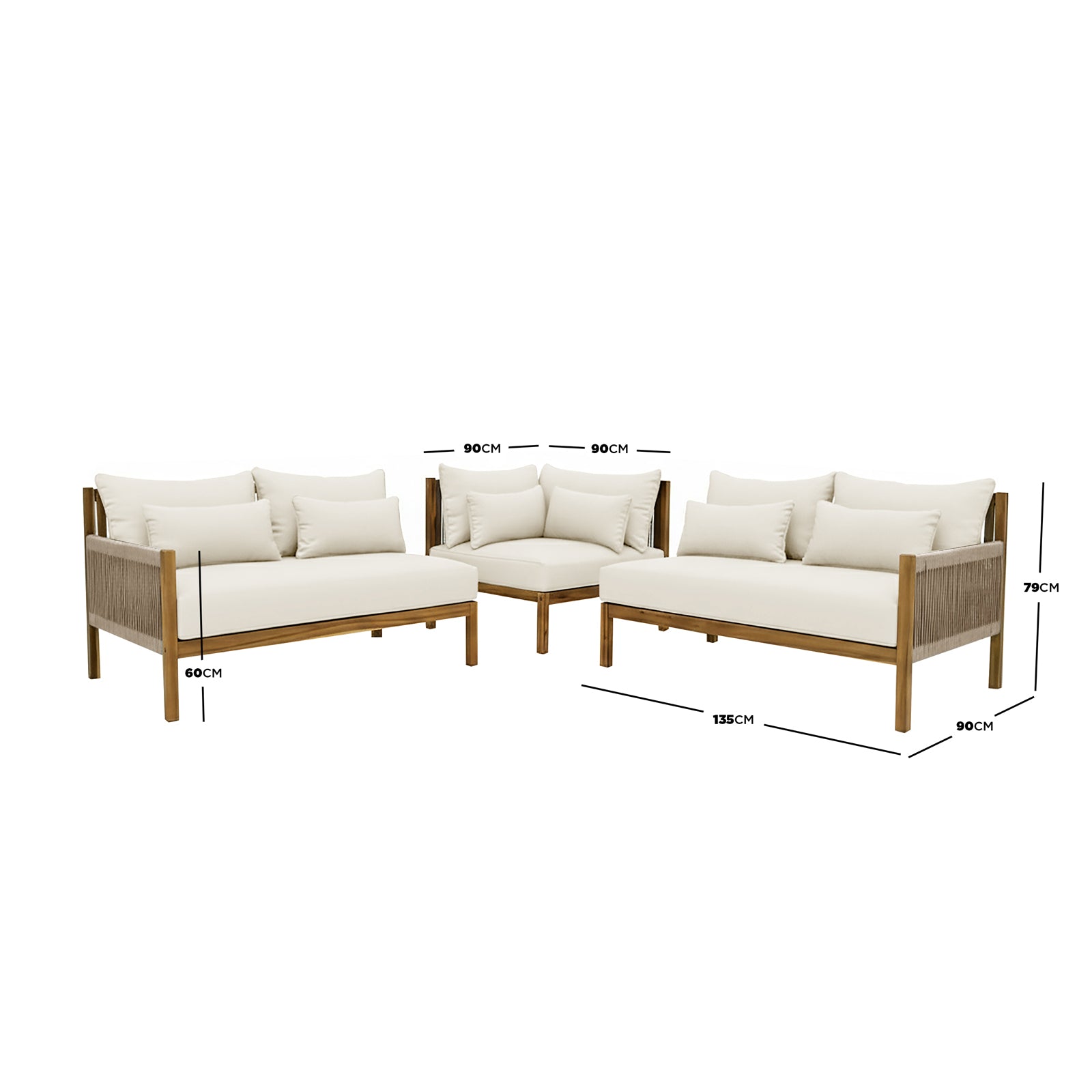 Tavi 5 Seater Solid Timber L Shape Outdoor Sofa features two beige two-seater benches and a corner module with acacia wood frames and woven rope detailing, complemented by plush off-white cushions.