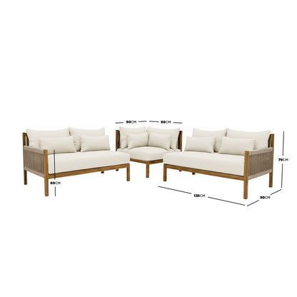 Tavi 5 Seater Solid Timber L Shape Outdoor Sofa features two beige two-seater benches and a corner module with acacia wood frames and woven rope detailing, complemented by plush off-white cushions.