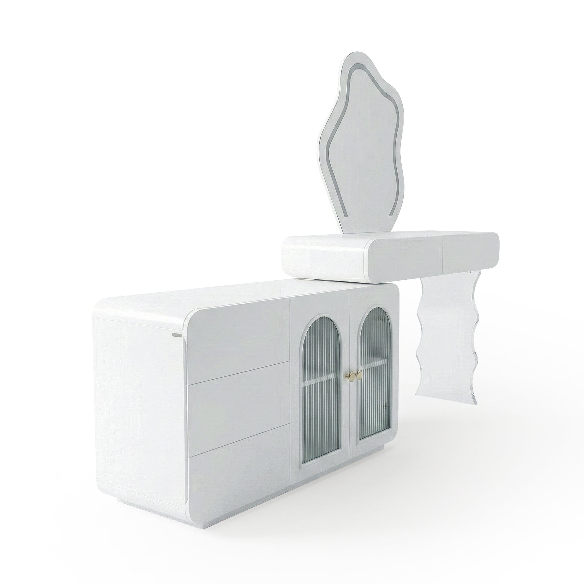 White vanity with arched glass doors and sculptural support leg on white background