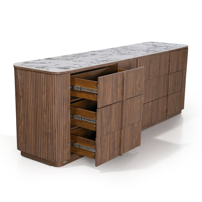Sideboard with marble-patterned top and partially open drawers on white background