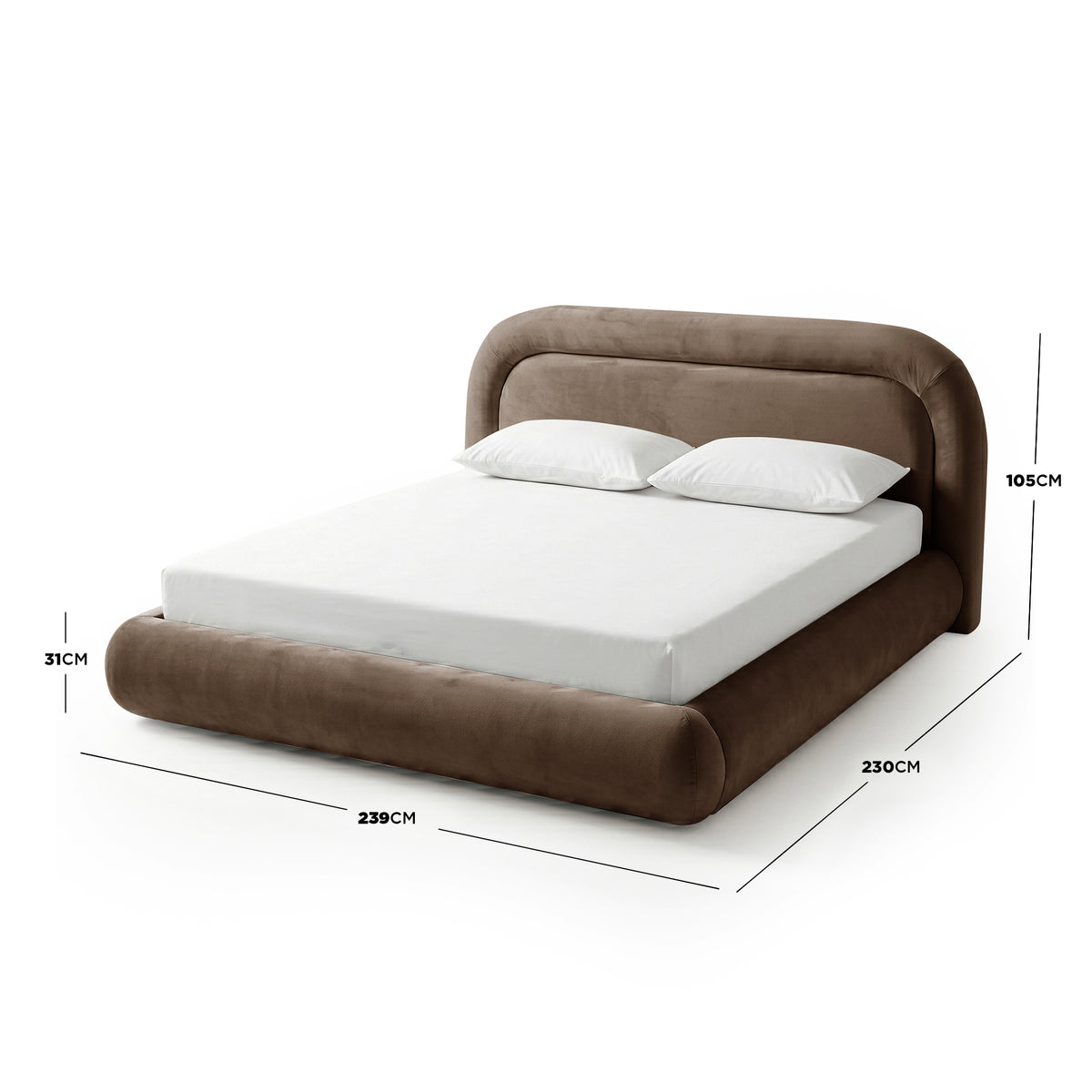 Taupe upholstered bed with labeled dimensions on a white background