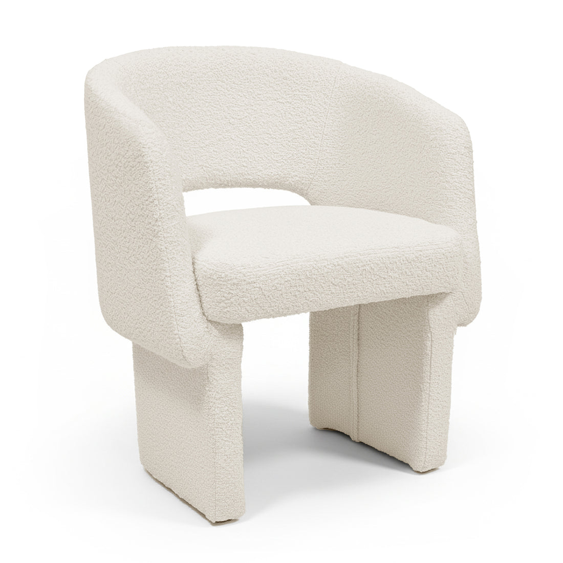 Avela Bouclé Fabric Curved Accent Armchair in Cream White features a modern design with a curved back, integrated armrests, and wide legs, showcasing its plush texture and sleek lines.