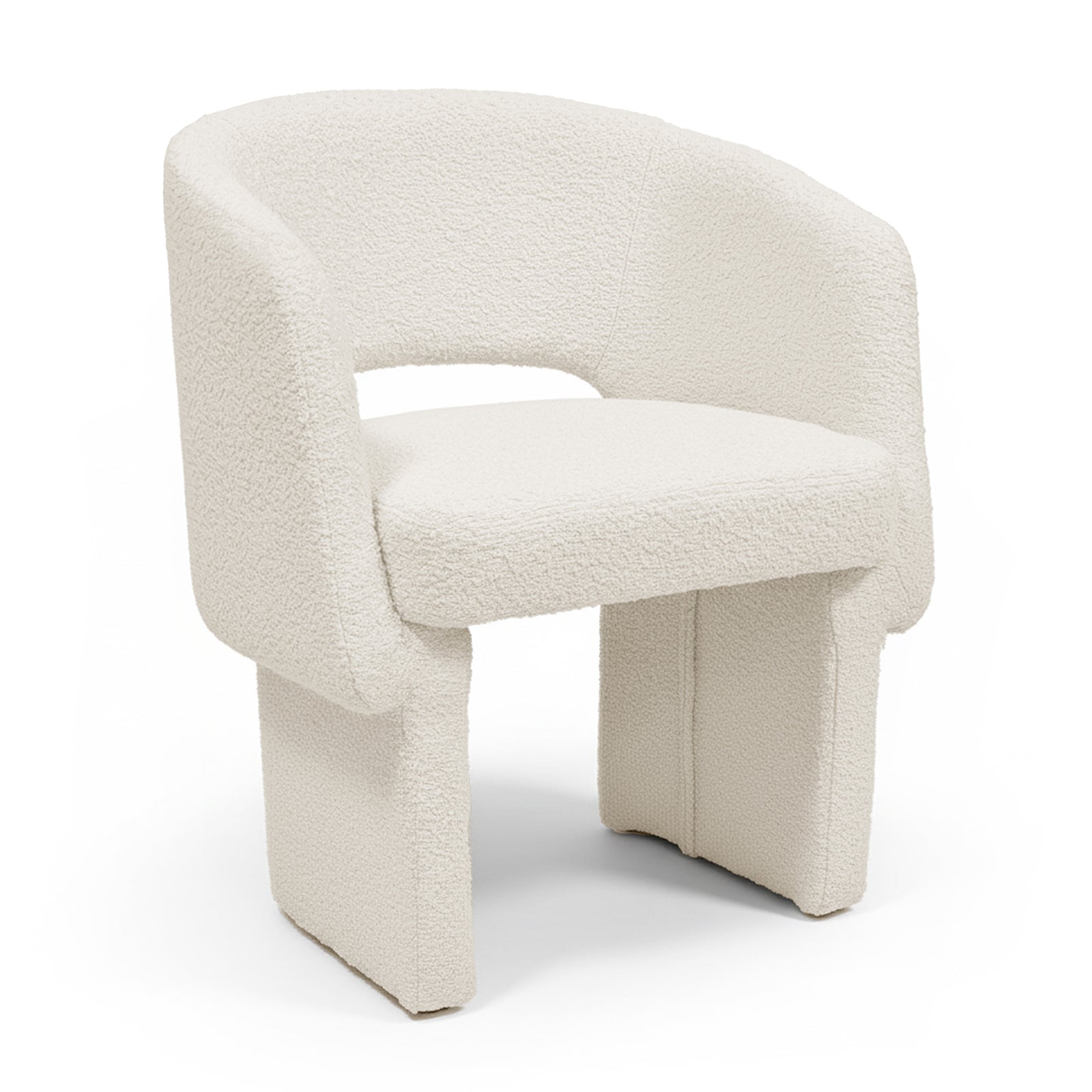 Avela Bouclé Fabric Curved Accent Armchair in Cream White features a modern design with a curved back, integrated armrests, and wide legs, showcasing its plush texture and sleek lines.