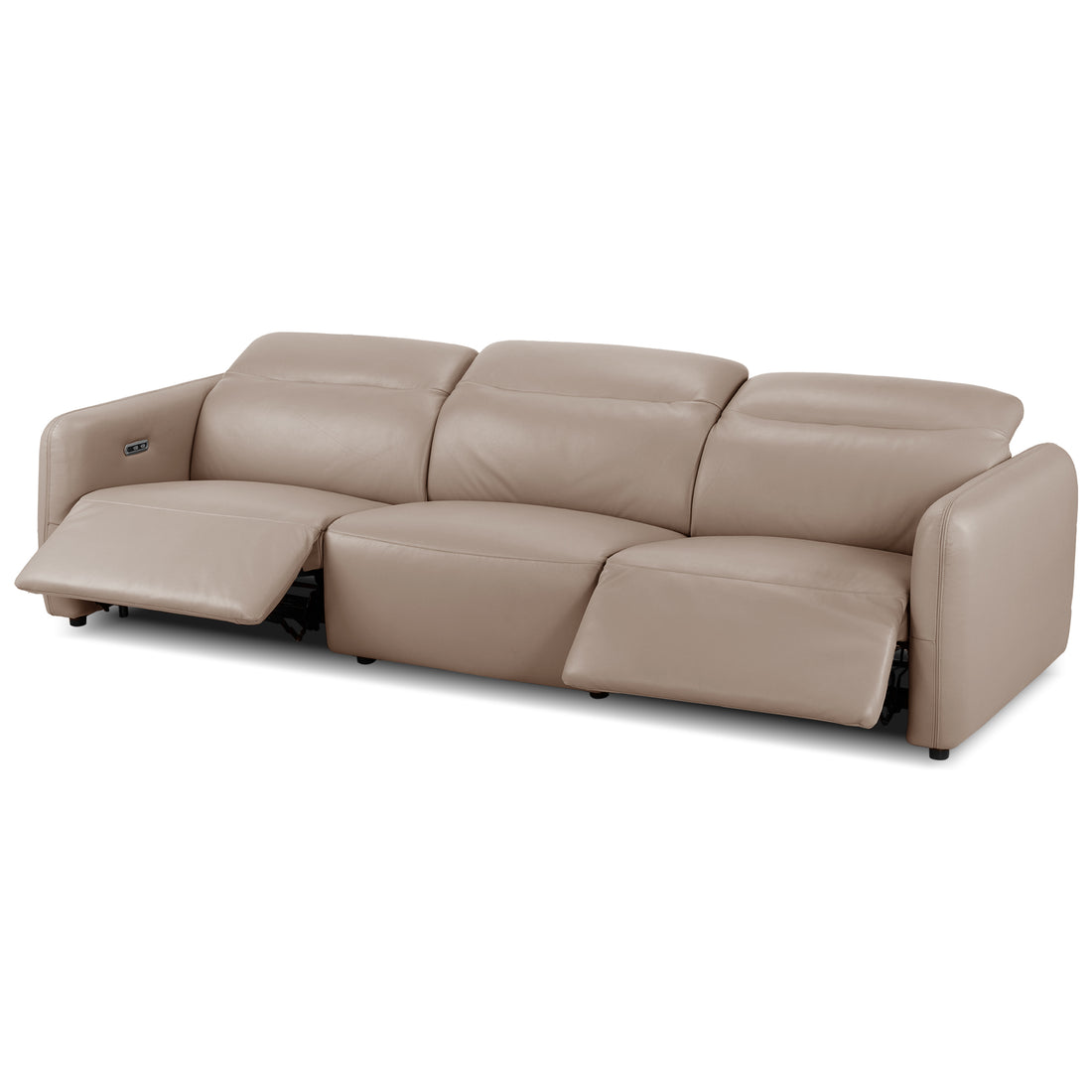 Light beige reclining sofa on a white background with both end seats reclined