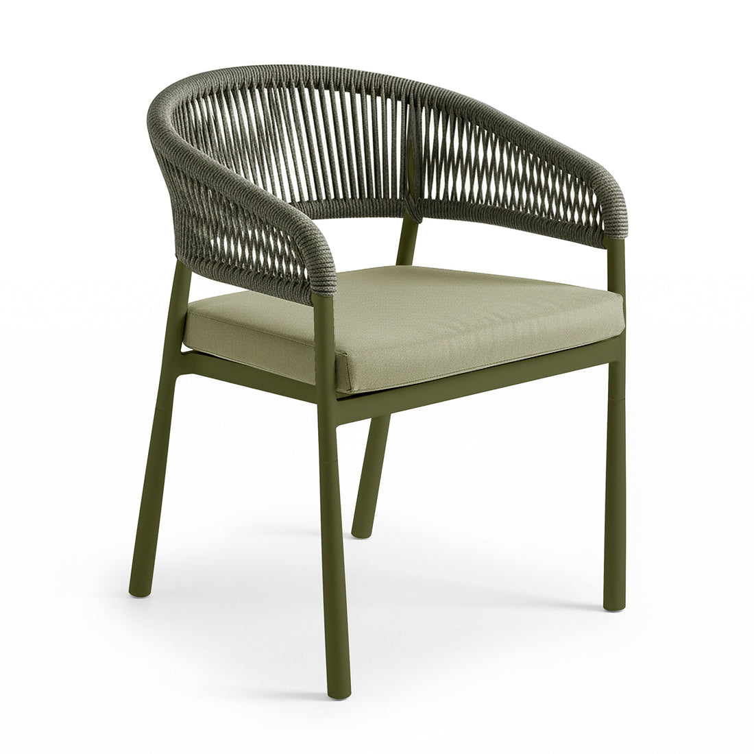 Coastal Outdoor Rope Dining Chairs Set of 2 in Green, featuring a tubular metal frame, woven rope backrest and armrests, and a removable padded seat cushion, ideal for comfortable alfresco dining.