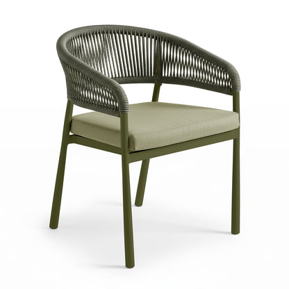 Coastal Outdoor Rope Dining Chairs Set of 2 in Green, featuring a tubular metal frame, woven rope backrest and armrests, and a removable padded seat cushion, ideal for comfortable alfresco dining.