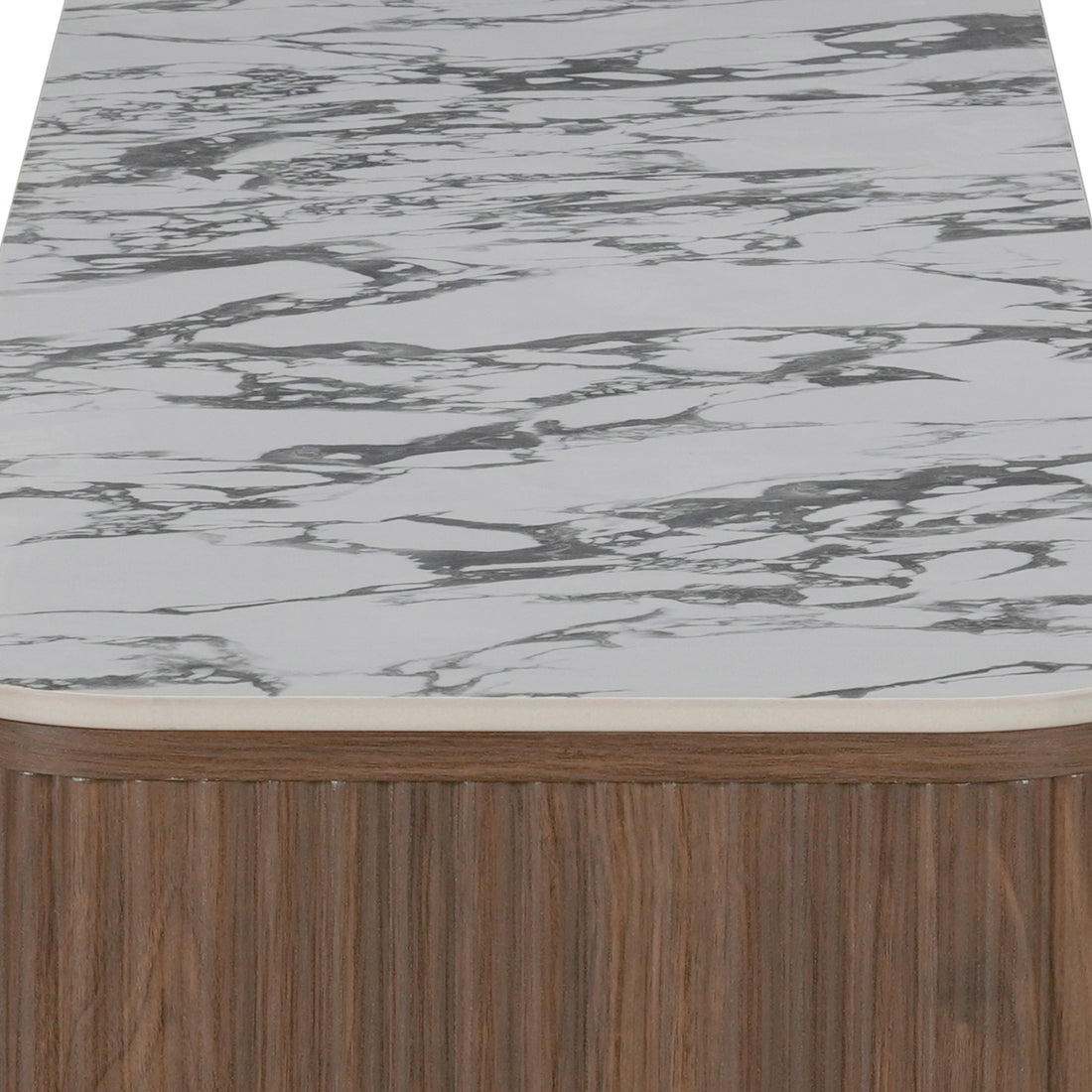 Close-up of marble-look top and wood side of the furniture piece