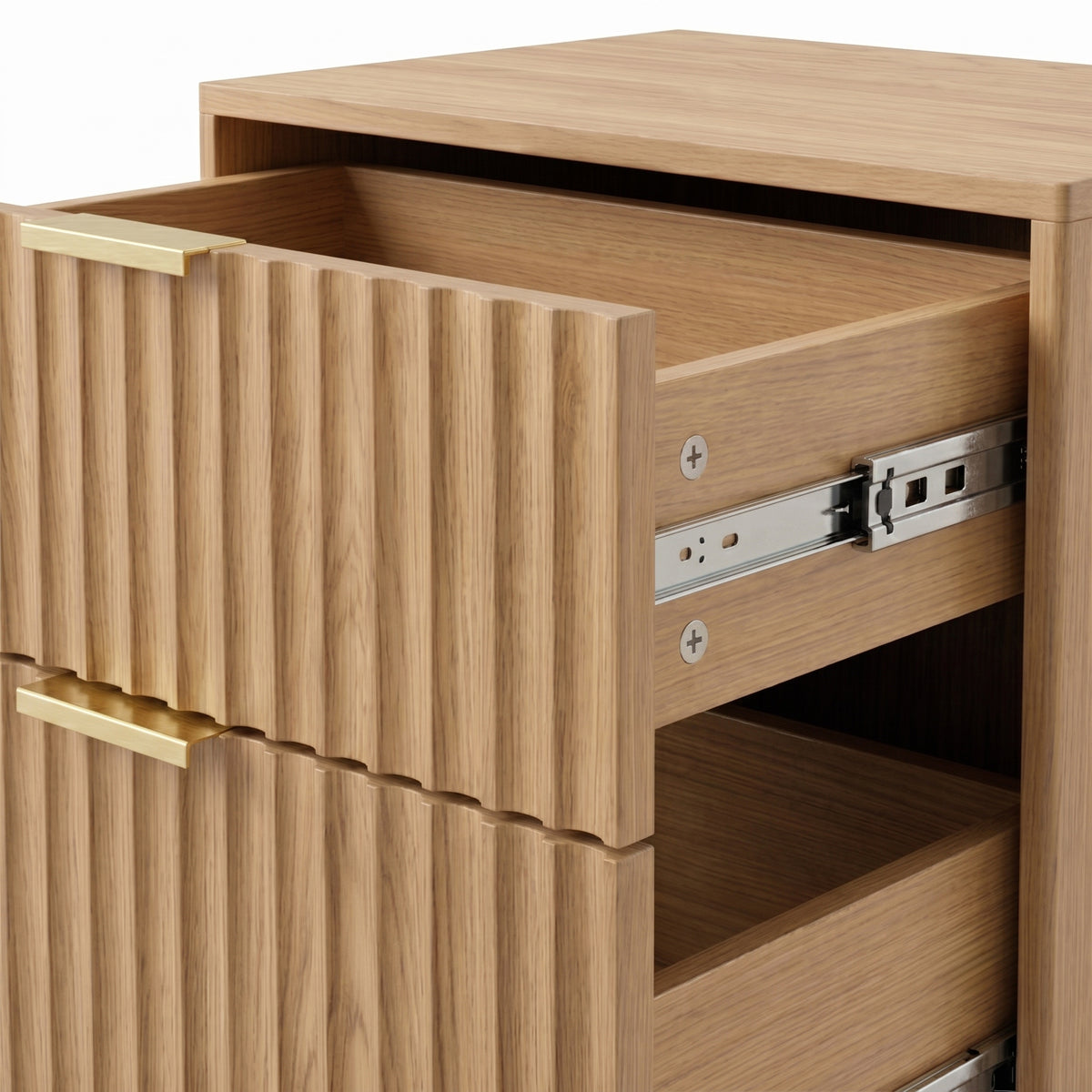 Close-up angled view of a wooden cabinet with partially open drawers on a white background