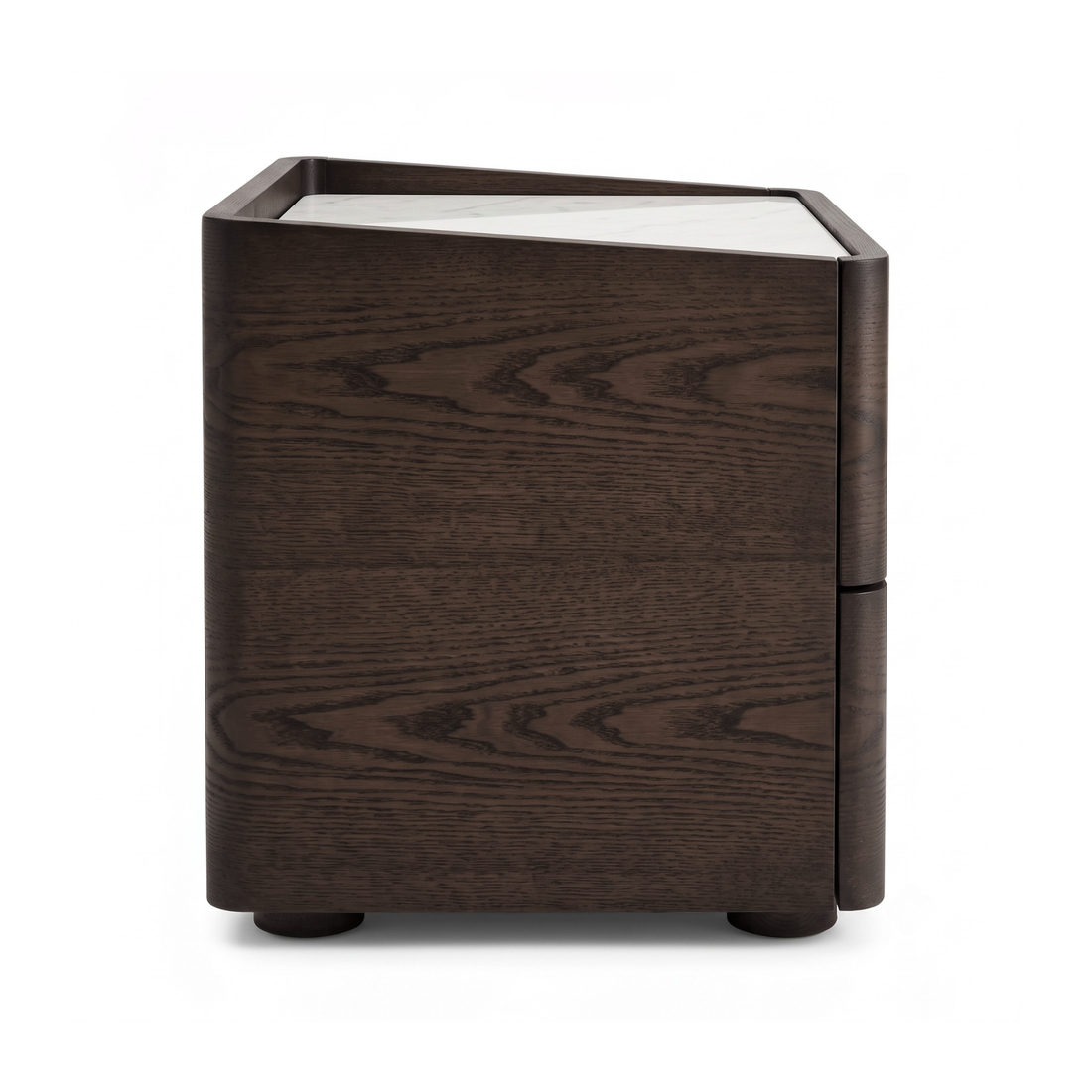 Cube-shaped walnut nightstand with a white top and short round feet on a white background.