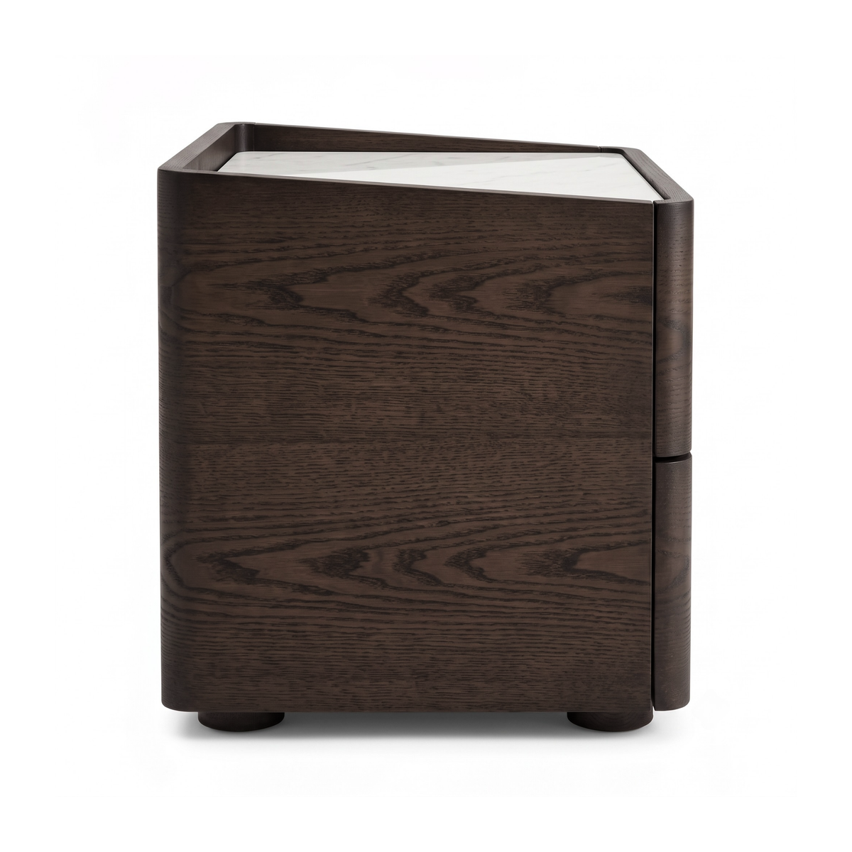 Cube-shaped walnut nightstand with a white top and short round feet on a white background.