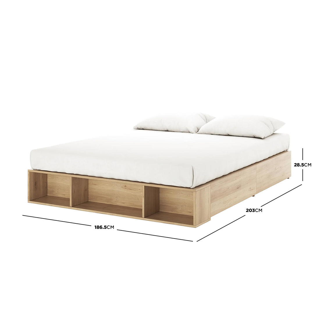 Eulalia King Platform Bed Base with Drawers in Oak, featuring a low-profile design with built-in open storage shelf at the footboard, complete with mattress and pillows, measuring 186.5cm wide, 203cm long, 28.5cm tall.