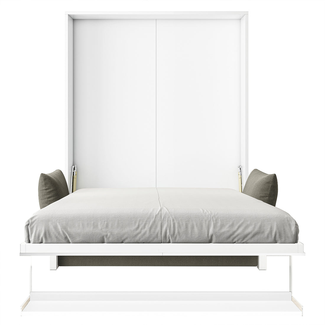 Luxo Byron Sofa Foldout Queen Wall Bed White & Grey, showcasing a white cabinet with a fold-down bed, metal frame, gray mattress, and gas-spring struts for easy conversion.