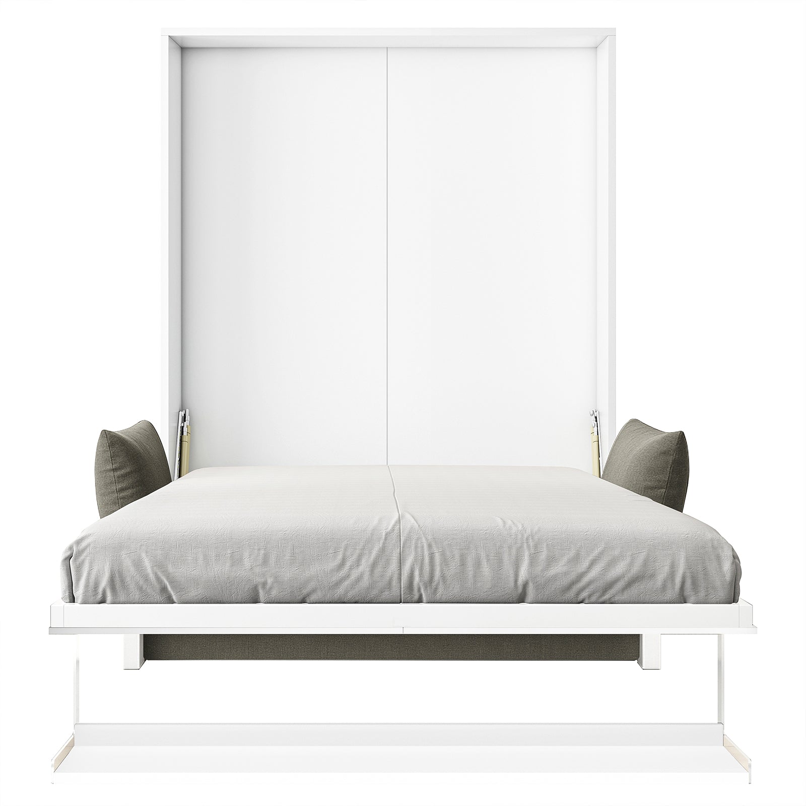 Luxo Byron Sofa Foldout Queen Wall Bed White & Grey, showcasing a white cabinet with a fold-down bed, metal frame, gray mattress, and gas-spring struts for easy conversion.