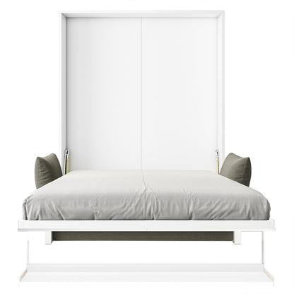 Luxo Byron Sofa Foldout Queen Wall Bed White & Grey, showcasing a white cabinet with a fold-down bed, metal frame, gray mattress, and gas-spring struts for easy conversion.
