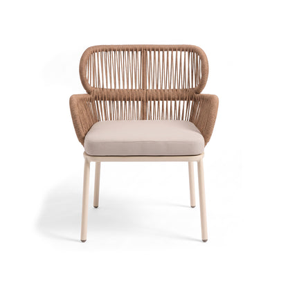 Modern woven chair with cushioned seat on a white background
