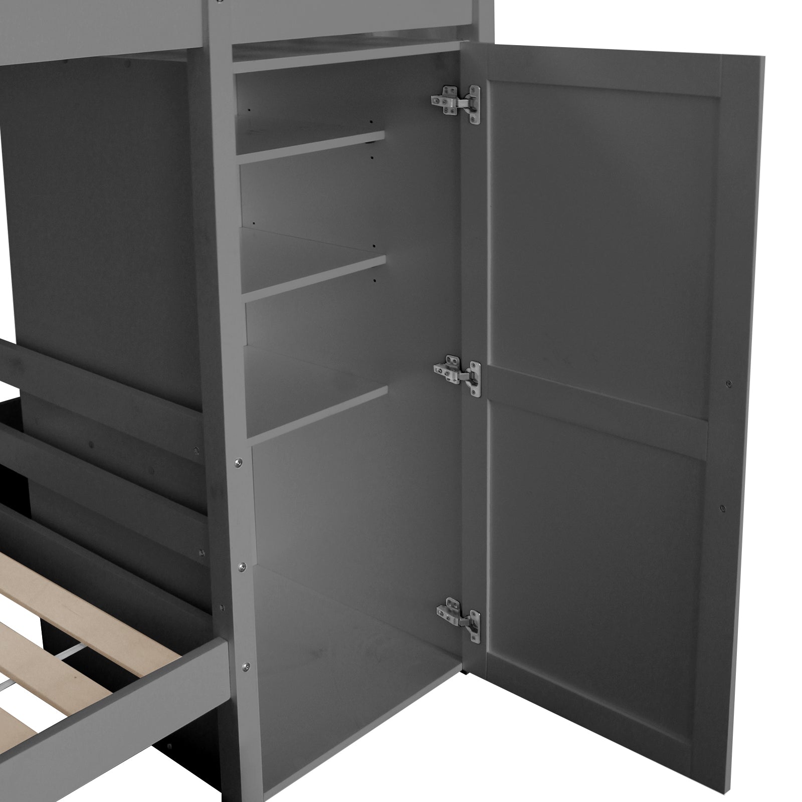 Aron Single Storage Bunk Bed with Trundle in Grey features an open cabinet with fixed shelves, attached to a loft-style unit, showcasing its built-in storage functionality and sleek design.