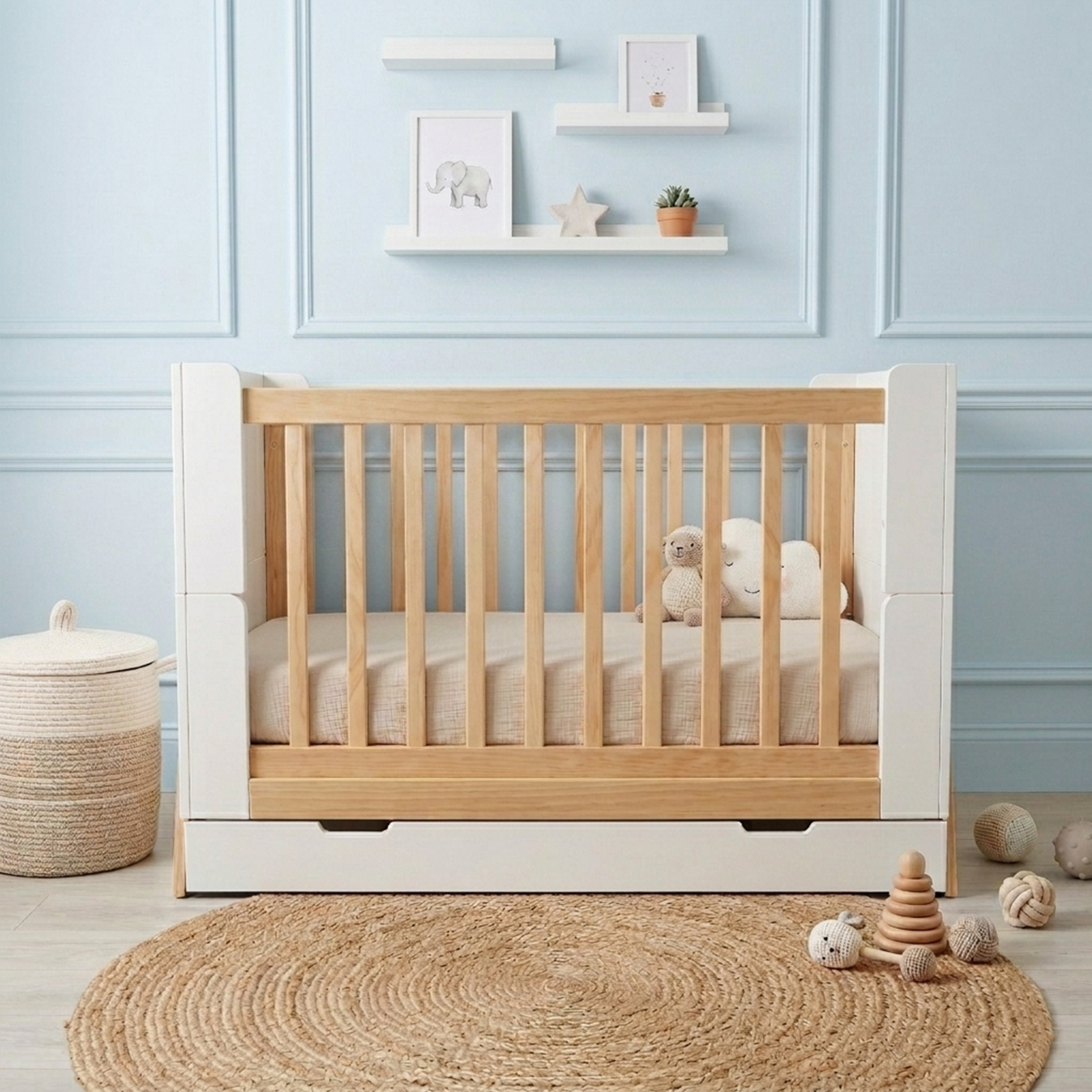 Hushly Baby Cot with Storage Drawer in Natural
