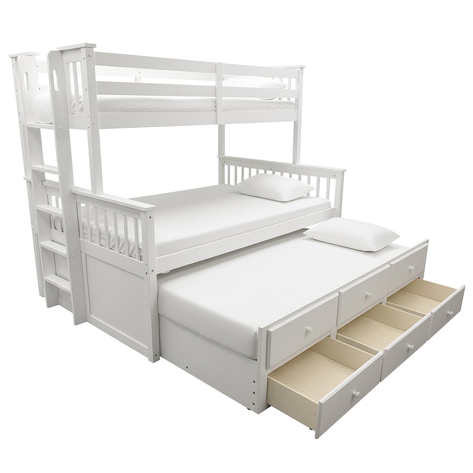 White triple bunk bed with pull-out trundle and storage drawers on white background