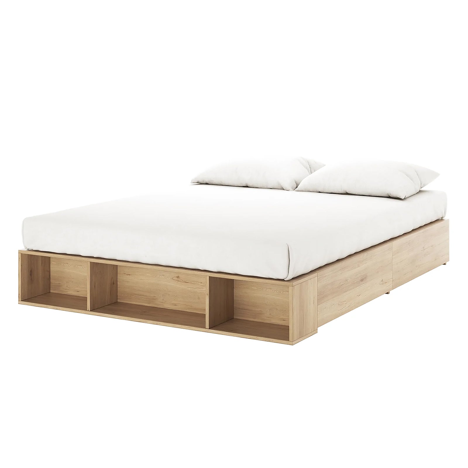 Eulalia King Platform Bed Base with Drawers in Oak, featuring a low-profile design with built-in cubby-style storage at the footboard, topped by a mattress with white bedding and pillows.