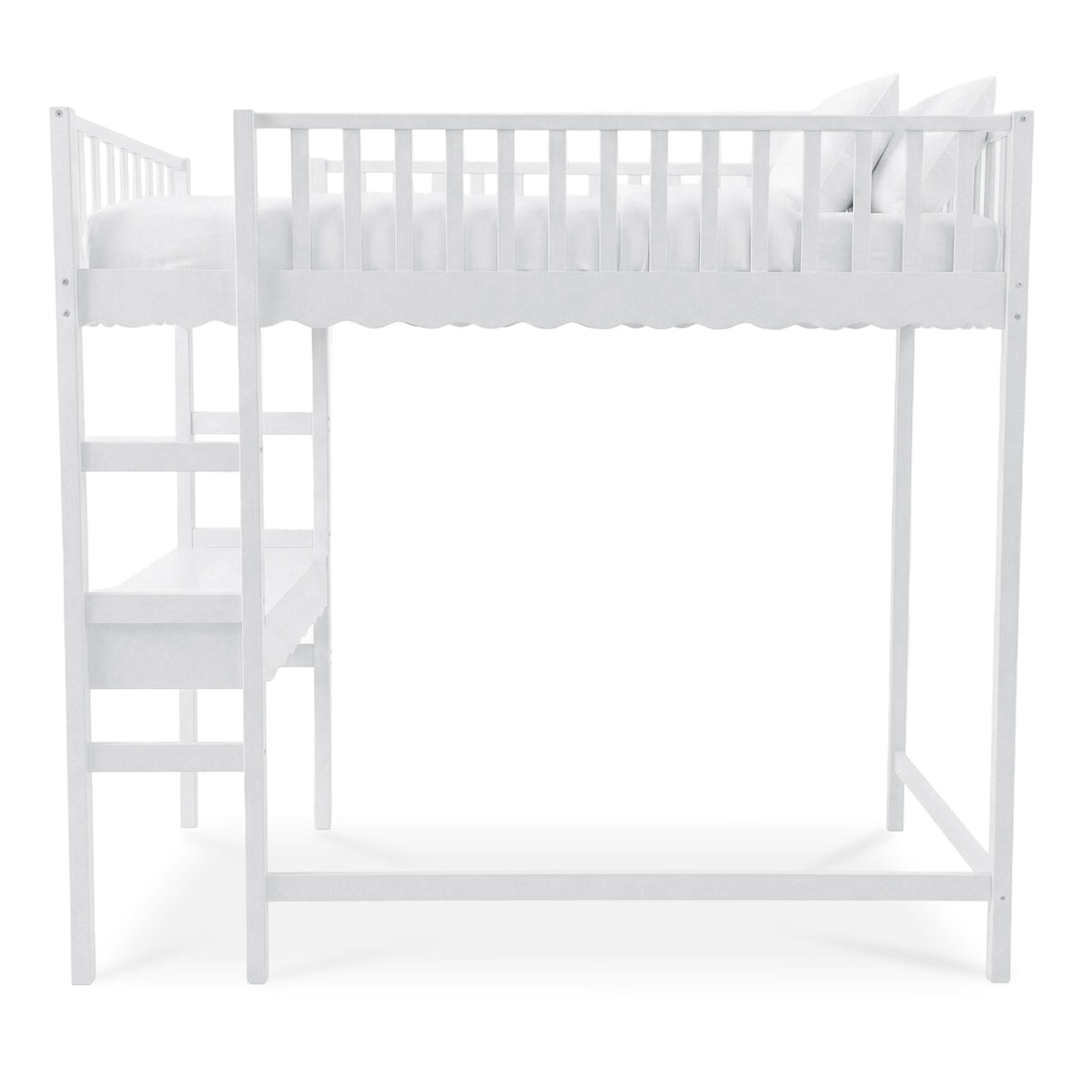 White full loft bed frame on white background