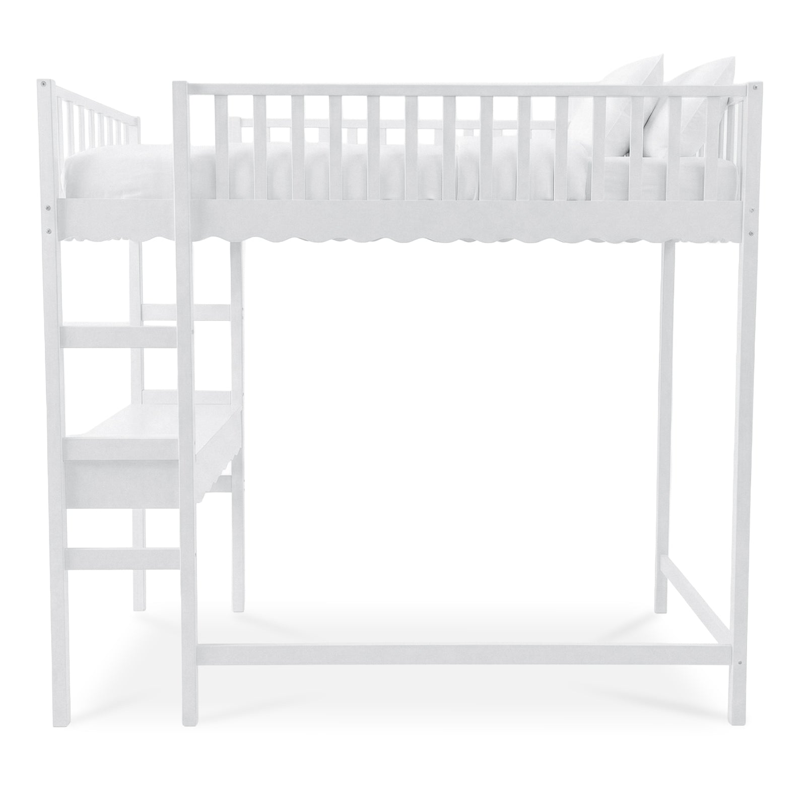 White full loft bed frame on white background