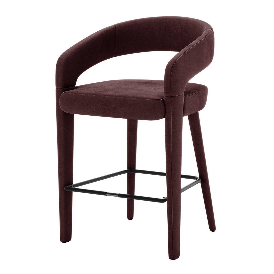 Eisha Velvet Bar Stool Set of 2 in Dark Plum, featuring plush upholstery, curved backrest, and metal footrest. A modern, fully upholstered frame with tapered legs offers both style and comfort.