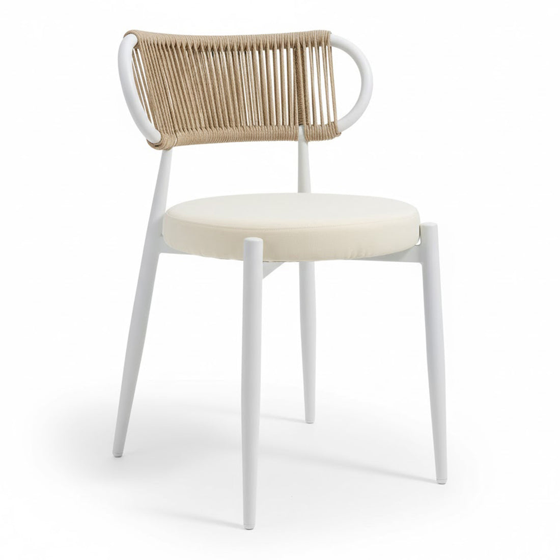 Cabria 7 Piece Sintered Stone Outdoor Dining Set features six modern chairs with white metal frames, natural-tone rope backrests, and cream padded seats, surrounding a sturdy sintered stone table.