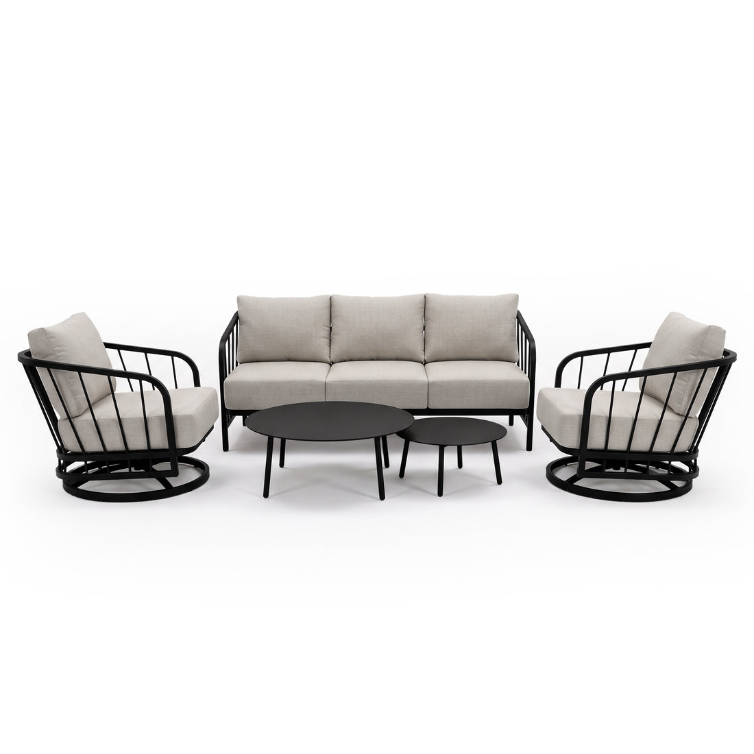 Complete modern seating set with sofa, armchairs, and coffee tables on a white background