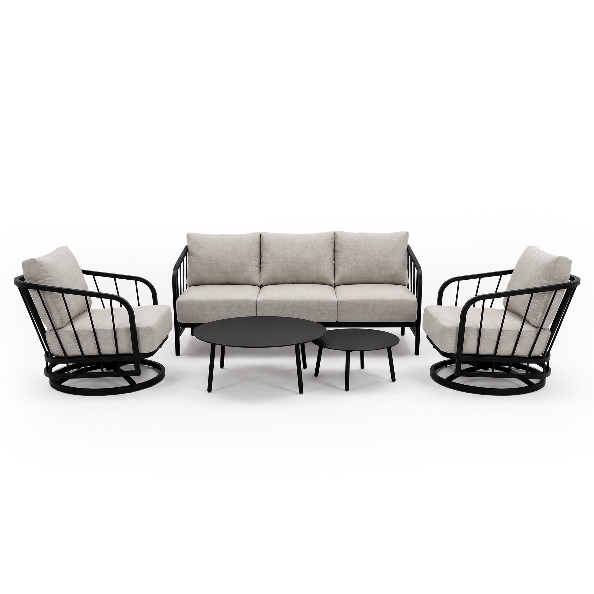 Complete modern seating set with sofa, armchairs, and coffee tables on a white background