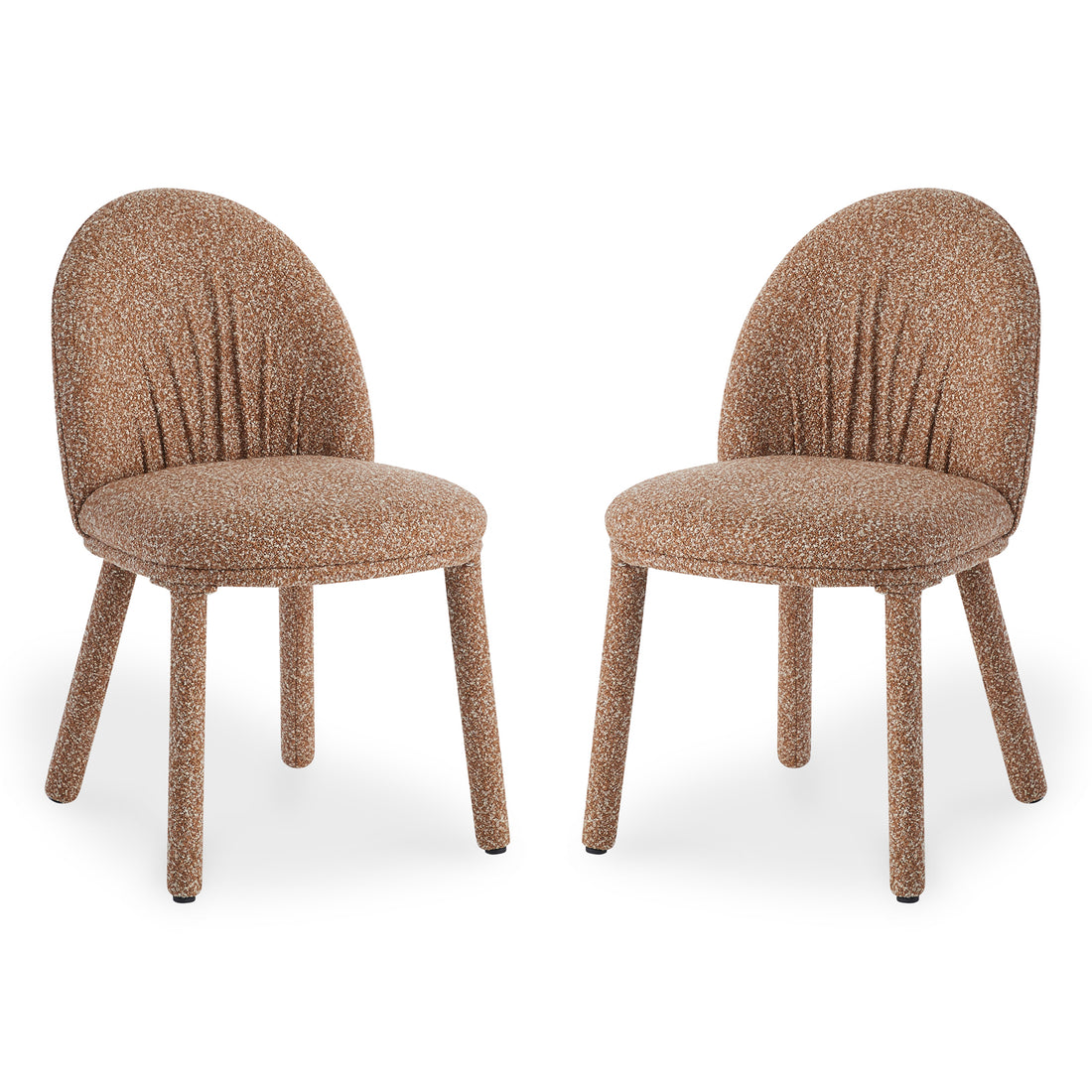 Joren Boucle Arched Dining Chair Set of 2 features oval backrests with vertical pleating, round cushioned seats, and cylindrical legs, all upholstered in textured speckled-bouclé fabric, offering supportive comfort.
