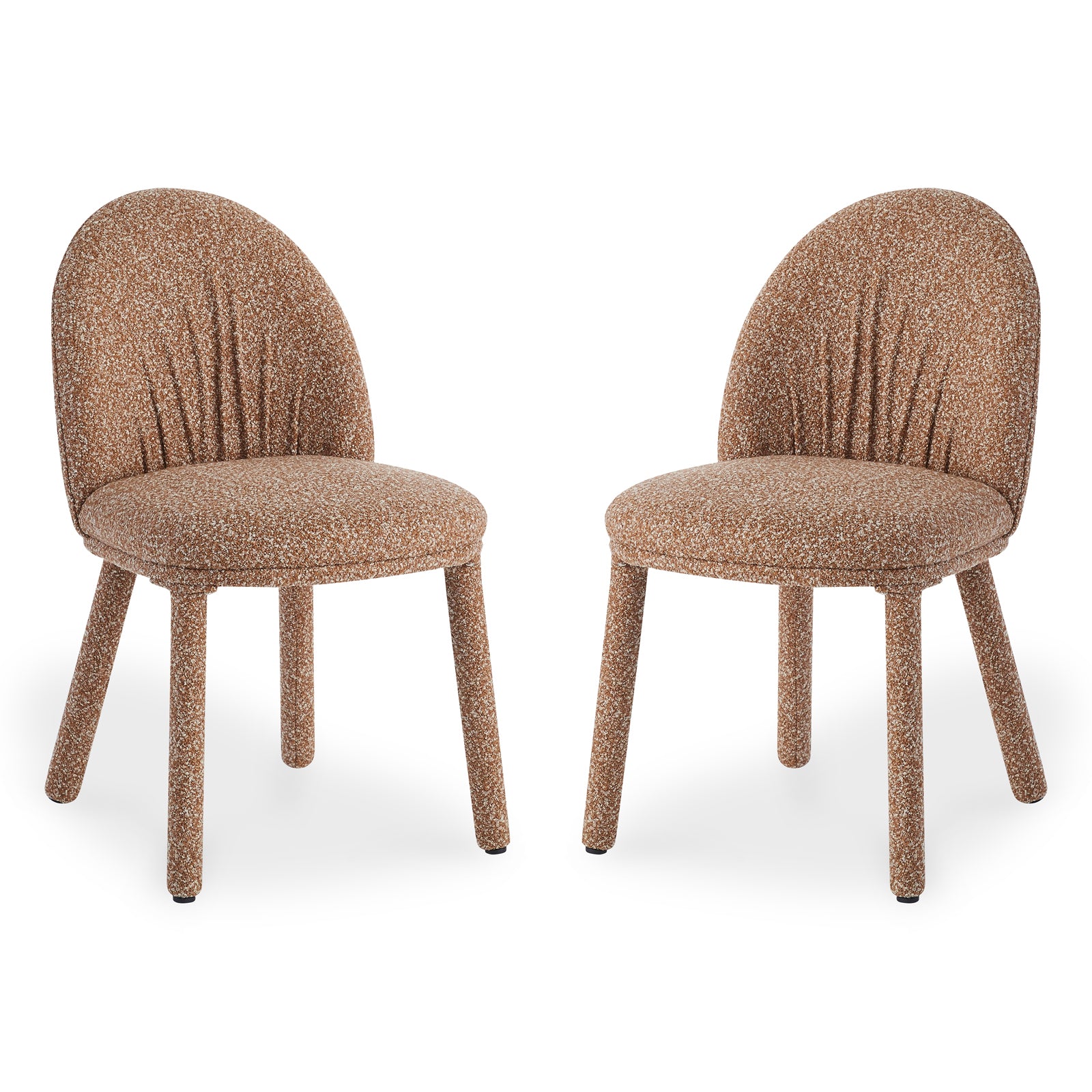Joren Boucle Arched Dining Chair Set of 2 features oval backrests with vertical pleating, round cushioned seats, and cylindrical legs, all upholstered in textured speckled-bouclé fabric, offering supportive comfort.