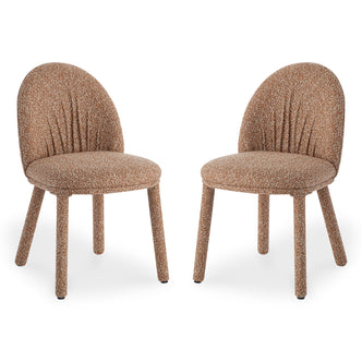 Joren Boucle Arched Dining Chair Set of 2 features oval backrests with vertical pleating, round cushioned seats, and cylindrical legs, all upholstered in textured speckled-bouclé fabric, offering supportive comfort.