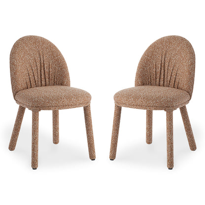 Joren Boucle Arched Dining Chair Set of 2 features oval backrests with vertical pleating, round cushioned seats, and cylindrical legs, all upholstered in textured speckled-bouclé fabric, offering supportive comfort.