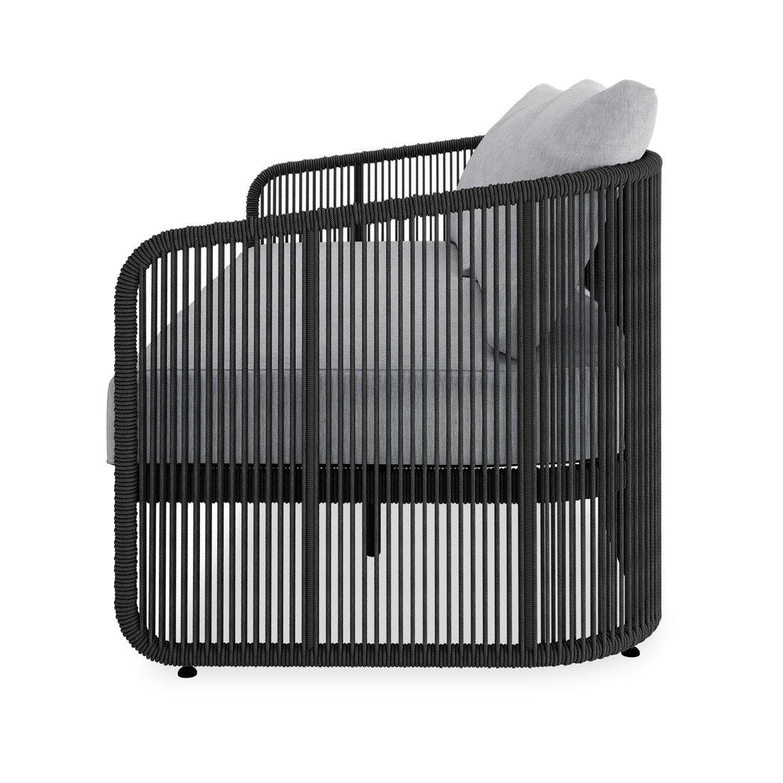 Solari 4 Seater Wicker Outdoor Sofa Set in Black features a contemporary armchair with a basket-like silhouette, black roped rods, and a light grey cushion, perfect for stylish outdoor lounging.