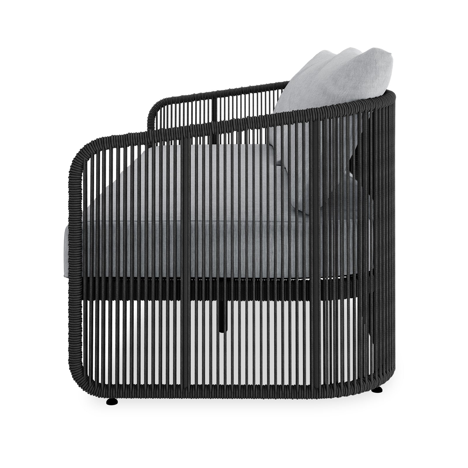 Solari 4 Seater Wicker Outdoor Sofa Set in Black features a contemporary armchair with a basket-like silhouette, black roped rods, and a light grey cushion, perfect for stylish outdoor lounging.