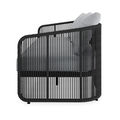 Solari 4 Seater Wicker Outdoor Sofa Set in Black features a contemporary armchair with a basket-like silhouette, black roped rods, and a light grey cushion, perfect for stylish outdoor lounging.