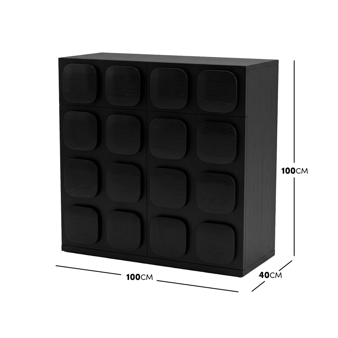 Black cabinet on white background with dimension lines and measurements